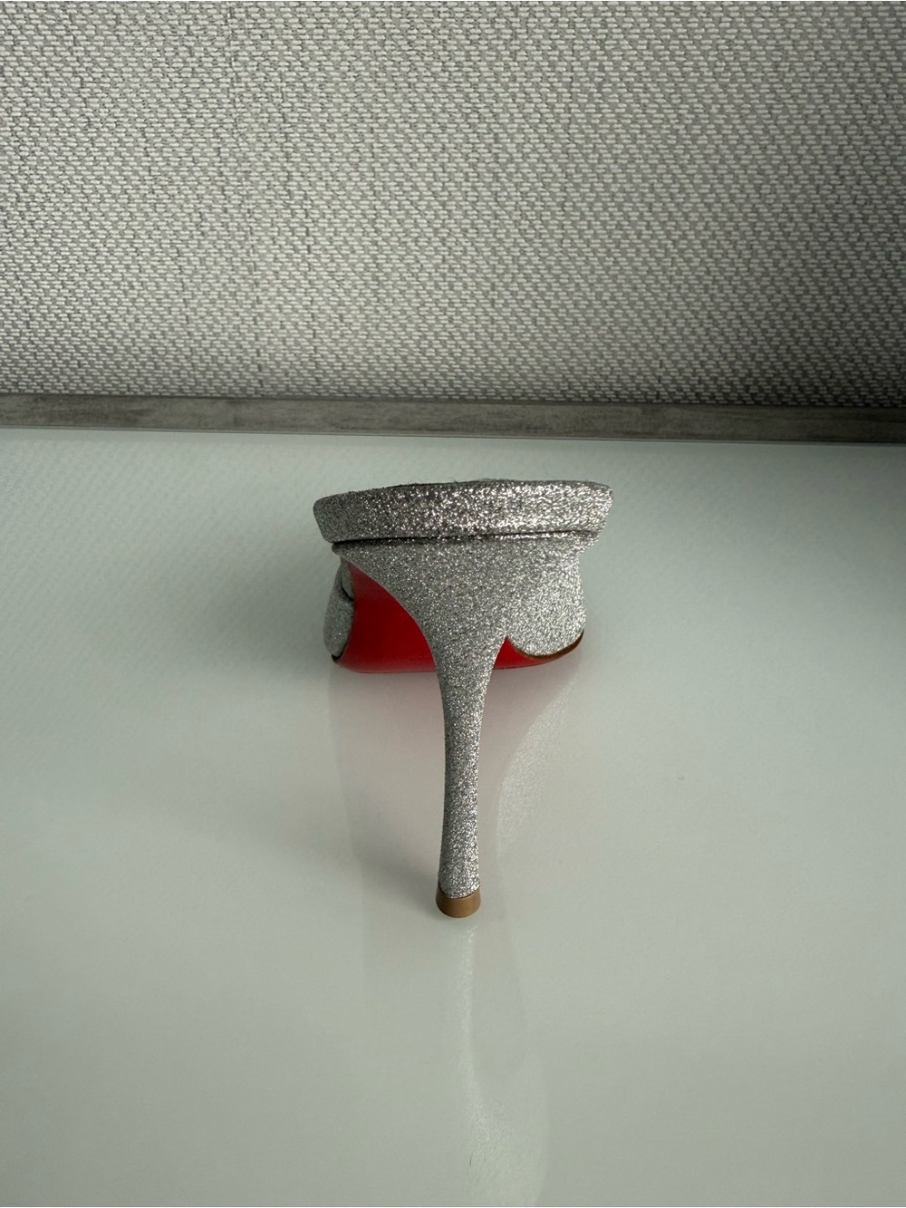 Christian Louboutin Silver Glitter Peep-Toe Mules with Red Soles - Picture 8 of 11